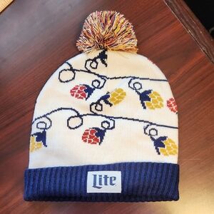 Miller Lite Pom Pom Beanie - Holiday Festive Multicolor Hat